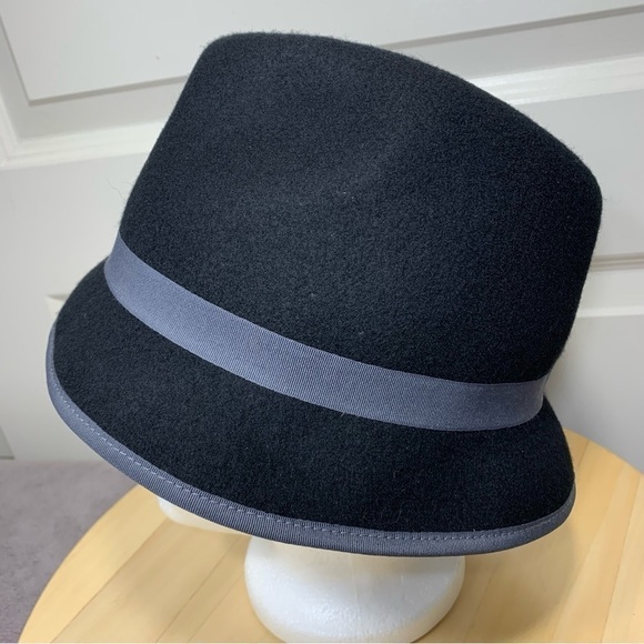 Attitude minimalist timeless black gray ribbon trim 100% wool fedora bucket hat - Picture 10 of 12